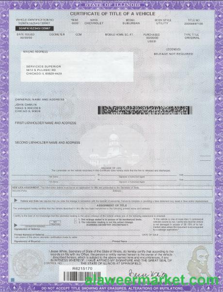 USA state Illinois certificate of title of a vehicle template in PSD format